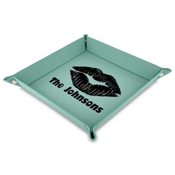Custom Lips n Hearts 9" x 9" Teal Faux Leather Valet Tray (Personalized)