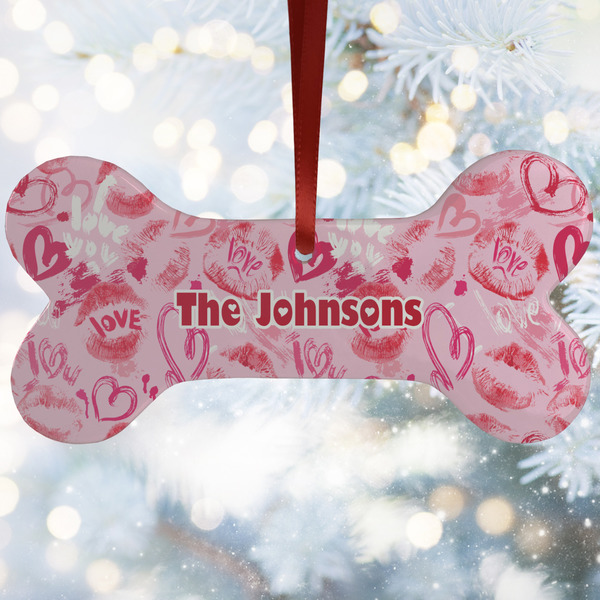 Custom Lips n Hearts Ceramic Dog Ornament w/ Couple's Names