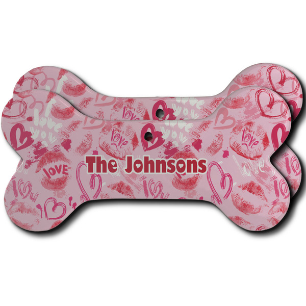 Custom Lips n Hearts Ceramic Dog Ornament - Front & Back w/ Couple's Names