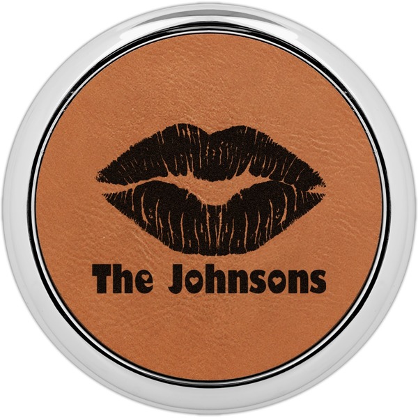 Custom Lips n Hearts Leatherette Round Coaster w/ Silver Edge (Personalized)