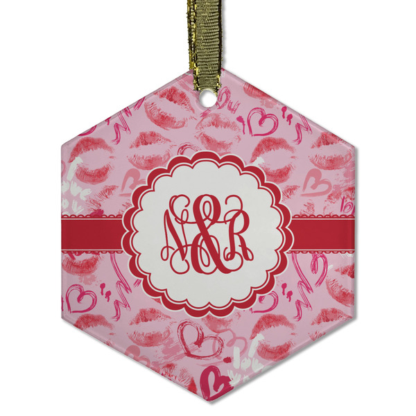 Lips n Hearts Frosted Glass Ornament - Hexagon