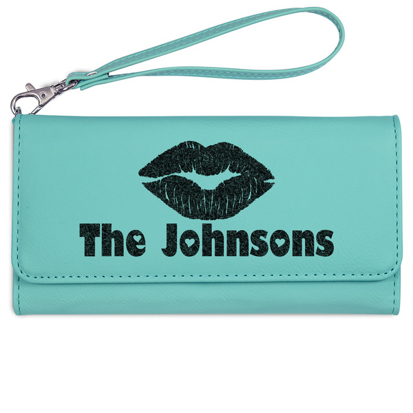 Custom Lips n Hearts Ladies Leatherette Wallet - Laser Engraved- Teal (Personalized)