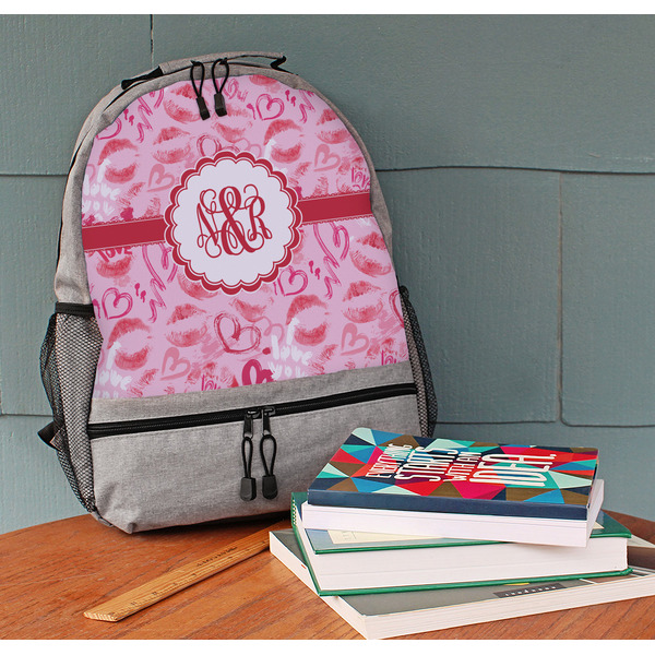 Lips n Hearts Large Backpack - Gray - On Desk