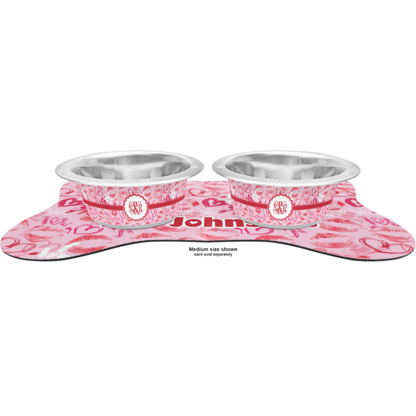 Lips n Hearts Metal Pet Bowls - On Dog Bone Shaped Mat