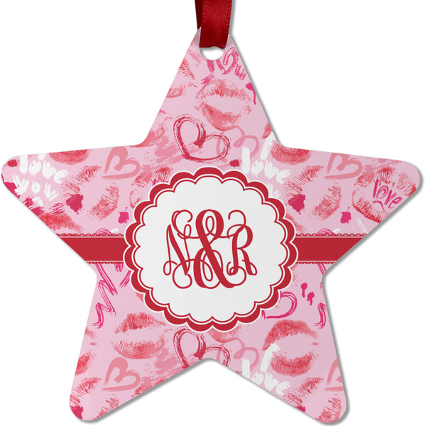 Custom Lips n Hearts Metal Star Ornament - Double Sided w/ Couple's Names