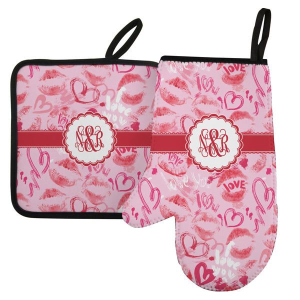 Custom Lips n Hearts Left Oven Mitt & Pot Holder Set w/ Couple's Names