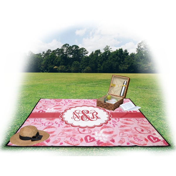 Lips n Hearts Picnic Blanket - with Basket Hat and Book - in Use
