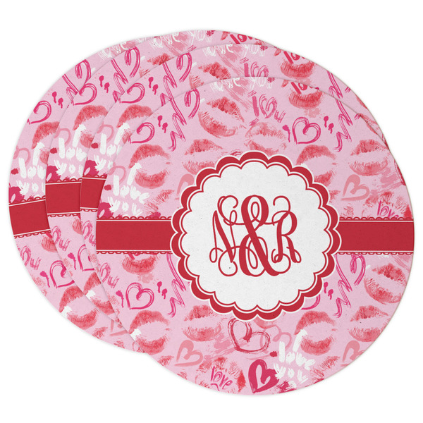 Custom Lips n Hearts Round Paper Coasters w/ Couple's Names