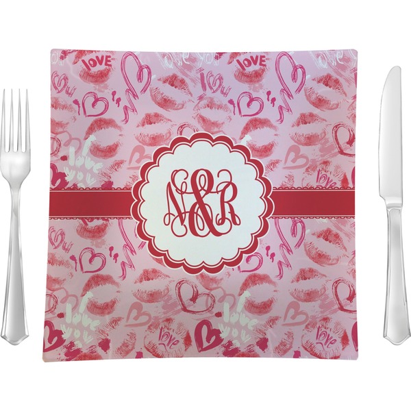 Custom Lips n Hearts 9.5" Glass Square Lunch / Dinner Plate- Single or Set of 4 (Personalized)