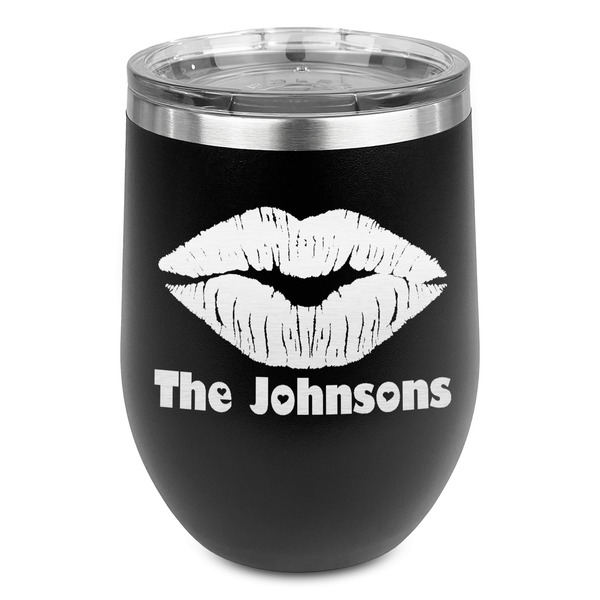 Custom Lips n Hearts Stemless Stainless Steel Wine Tumbler - Black - Single Sided (Personalized)