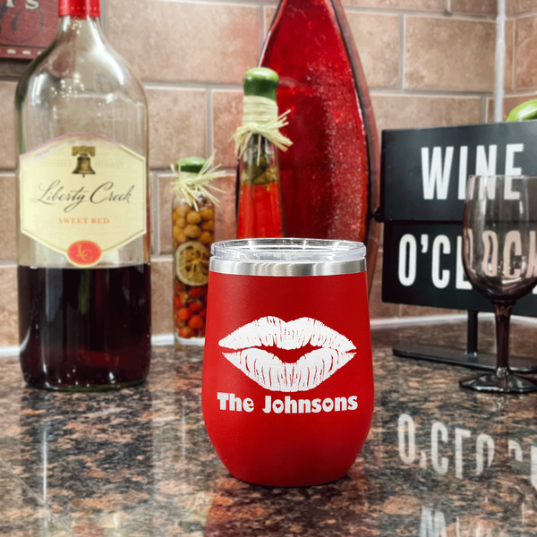 Lips n Hearts Stainless Wine Tumblers - Red - Single Sided - In Context