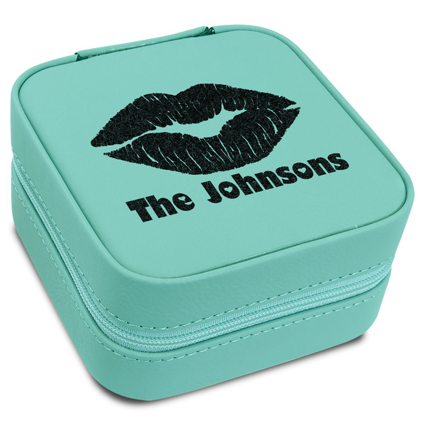 Custom Lips n Hearts Travel Jewelry Box - Teal Leather (Personalized)