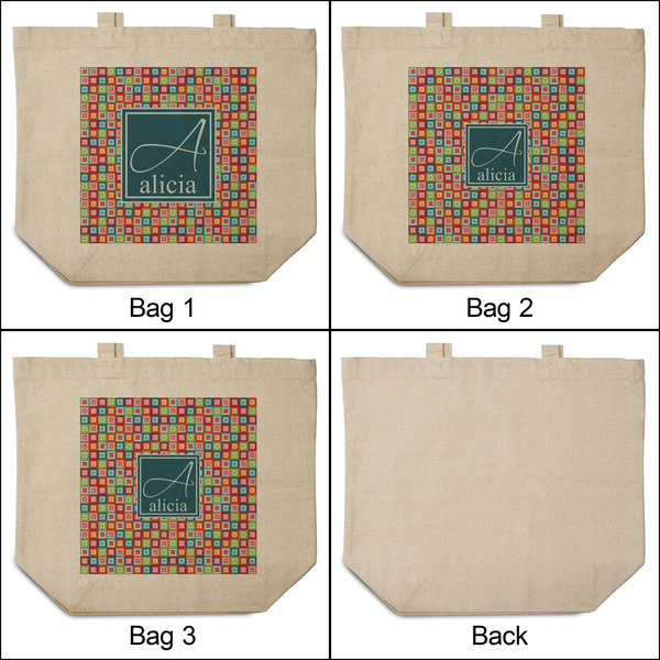 Retro Squares 3 Reusable Cotton Grocery Bags - Front & Back View