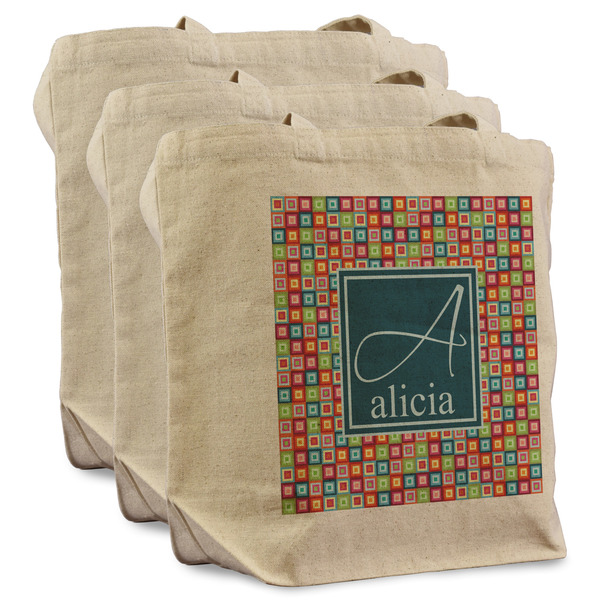 Custom Retro Squares Reusable Cotton Grocery Bags - Set of 3 (Personalized)