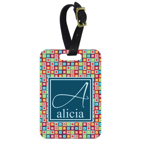 Custom Retro Squares Metal Luggage Tag w/ Name and Initial