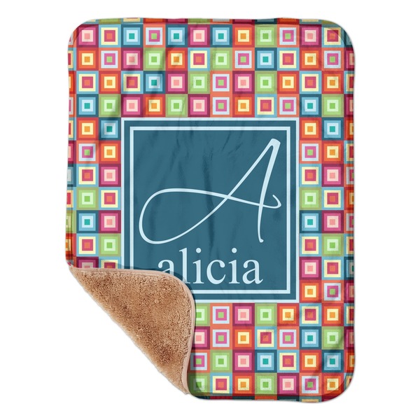 Custom Retro Squares Sherpa Baby Blanket - 30" x 40" w/ Name and Initial