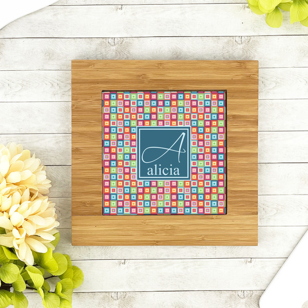 Retro Squares Bamboo Trivet with 6" Tile - LIFESTYLE