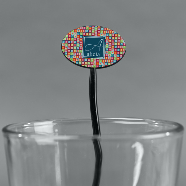 Retro Squares Black Plastic 7" Stir Stick - Oval - Main