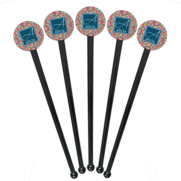 Retro Squares Black Plastic 7" Stir Stick - Round - Fan View