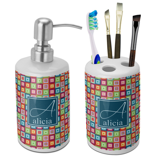 Custom Retro Squares Ceramic Bathroom Accessories Set (Personalized)
