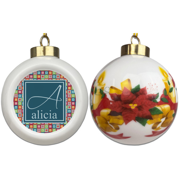 Retro Squares Ceramic Christmas Ornament - Poinsettias (APPROVAL)