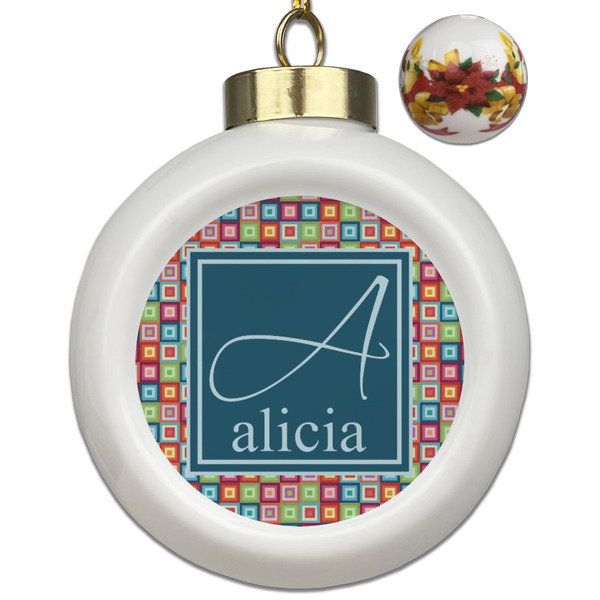 Custom Retro Squares Ceramic Ball Ornaments - Poinsettia Garland (Personalized)