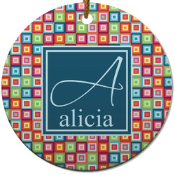 Retro Squares Round Ceramic Ornament w/ Name and Initial