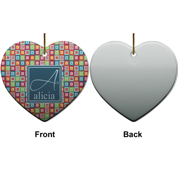 Retro Squares Ceramic Flat Ornament - Heart Front & Back (APPROVAL)