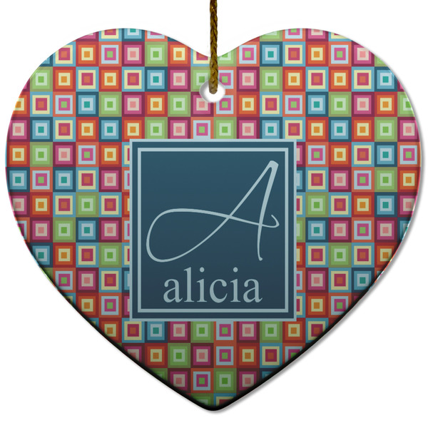 Retro Squares Ceramic Flat Ornament - Heart (Front)