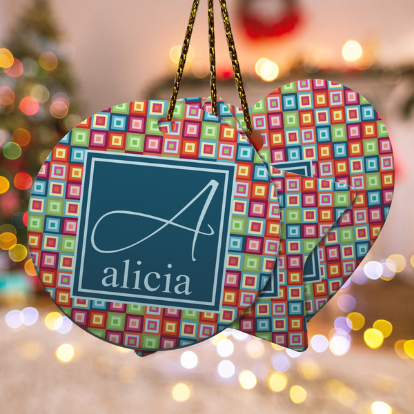 Custom Retro Squares Ceramic Ornament w/ Name and Initial