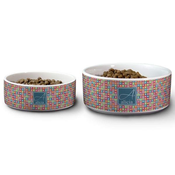 Retro Squares Ceramic Dog Bowls - Size Comparison