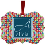 Retro Squares Metal Frame Ornament - Double Sided w/ Name and Initial