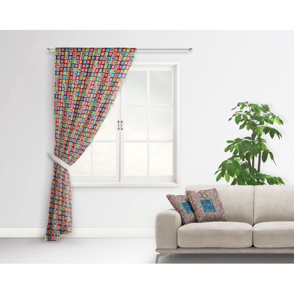 Retro Squares Curtain With Window and Rod - in Room Matching Pillow