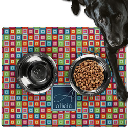 Retro Squares Dog Food Mat - Large w/ Name and Initial