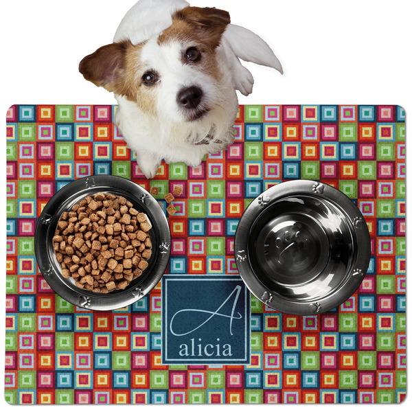Custom Retro Squares Dog Food Mat - Medium w/ Name and Initial