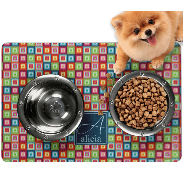Custom Retro Squares Dog Food Mat - Small w/ Name and Initial