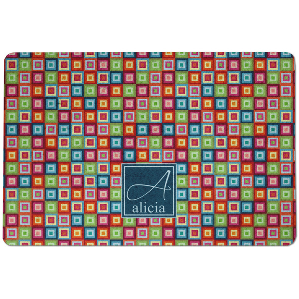 Custom Retro Squares Dog Food Mat w/ Name and Initial