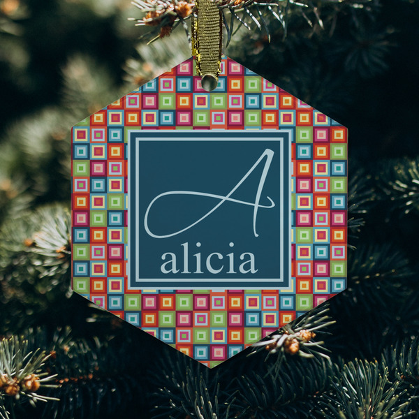 Retro Squares Frosted Glass Ornament - Hexagon (Lifestyle)