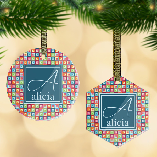 Custom Retro Squares Flat Glass Ornament w/ Name and Initial