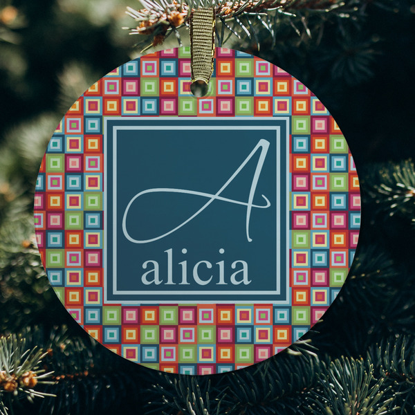 Retro Squares Frosted Glass Ornament - Round (Lifestyle)