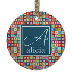 Retro Squares Flat Glass Ornament - Round w/ Name and Initial