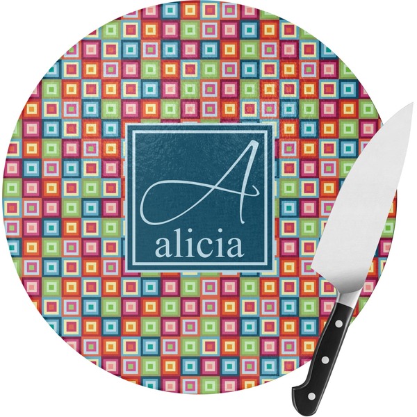 Custom Retro Squares Round Glass Cutting Board (Personalized)