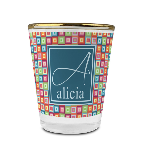 Retro Squares Glass Shot Glass - With gold rim - FRONT