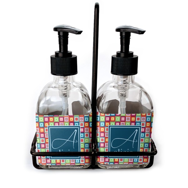 Custom Retro Squares Glass Soap & Lotion Bottle Set (Personalized)