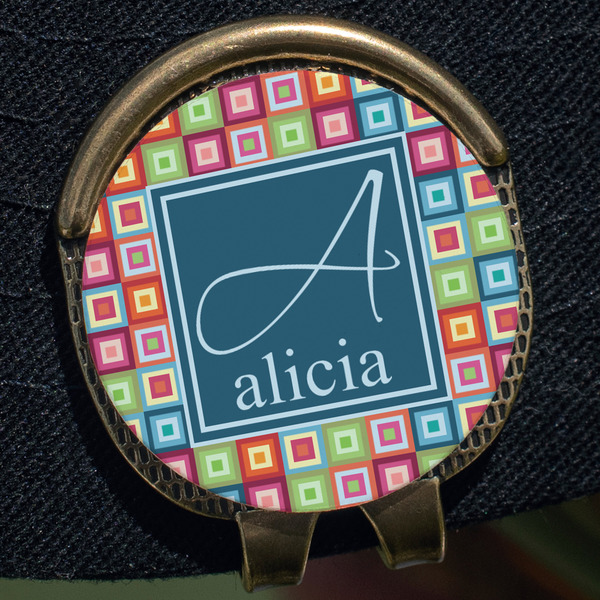 Retro Squares Golf Ball Marker Hat Clip - Gold - Close Up