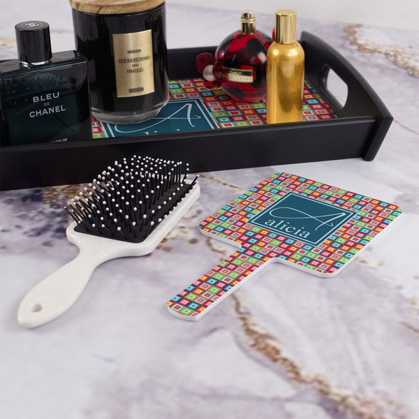 Retro Squares Hand Mirror - With Hair Brush