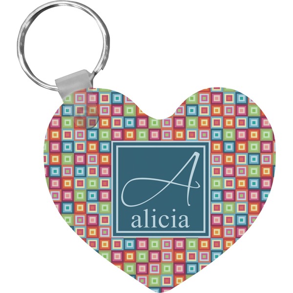 Custom Retro Squares Heart Plastic Keychain w/ Name and Initial