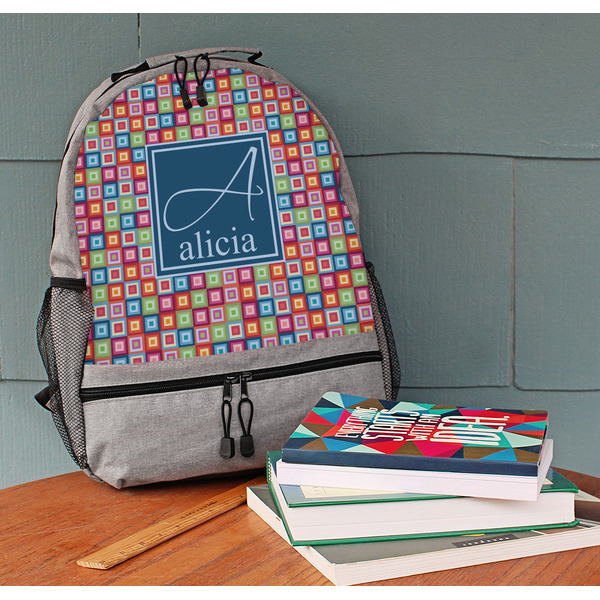 Retro Squares Large Backpack - Gray - On Desk