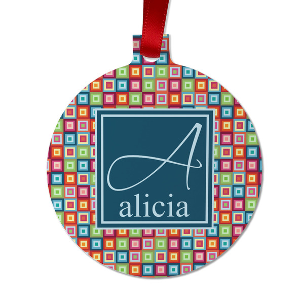 Custom Retro Squares Metal Ball Ornament - Double Sided w/ Name and Initial