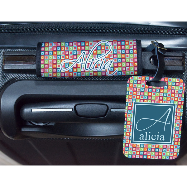 Retro Squares Metal Luggage Tag & Handle Wrap - In Context